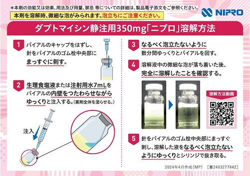 ［QRコード変更］ダプトマイシン静注用「ニプロ」溶解方法／投与量体重別換算表2404